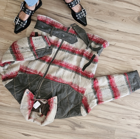 Free People Moto Jacket Fuzzy Stripe Oversize Mont - Picture 7 of 9